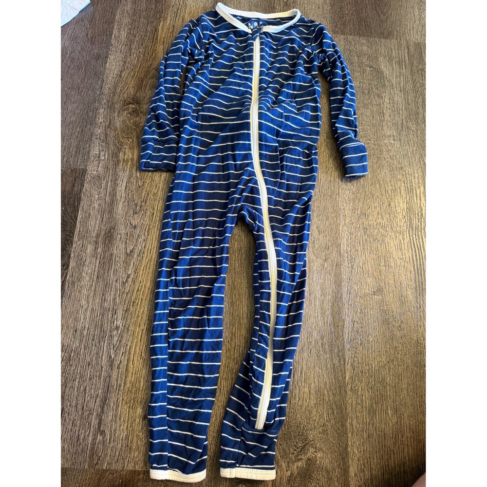 KicKee Pants Blue White Striped Bamboo Footless Pajama Sleeper Drop Seat 2T
